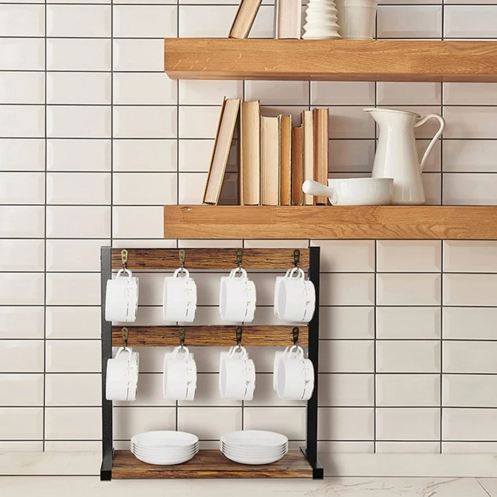 2-Tier Wooden Mug Holder Stand - Space-Saving Cup Storage Rack for 12 Coffee Mugs - Image 5