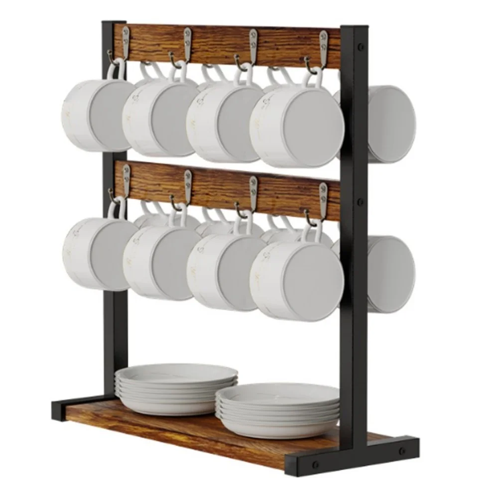 2-Tier Wooden Mug Holder Stand - Space-Saving Cup Storage Rack for 12 Coffee Mugs - Image 10