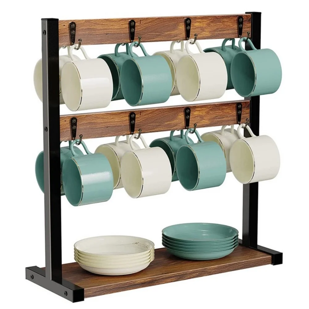 2-Tier Wooden Mug Holder Stand - Space-Saving Cup Storage Rack for 12 Coffee Mugs - Image 2