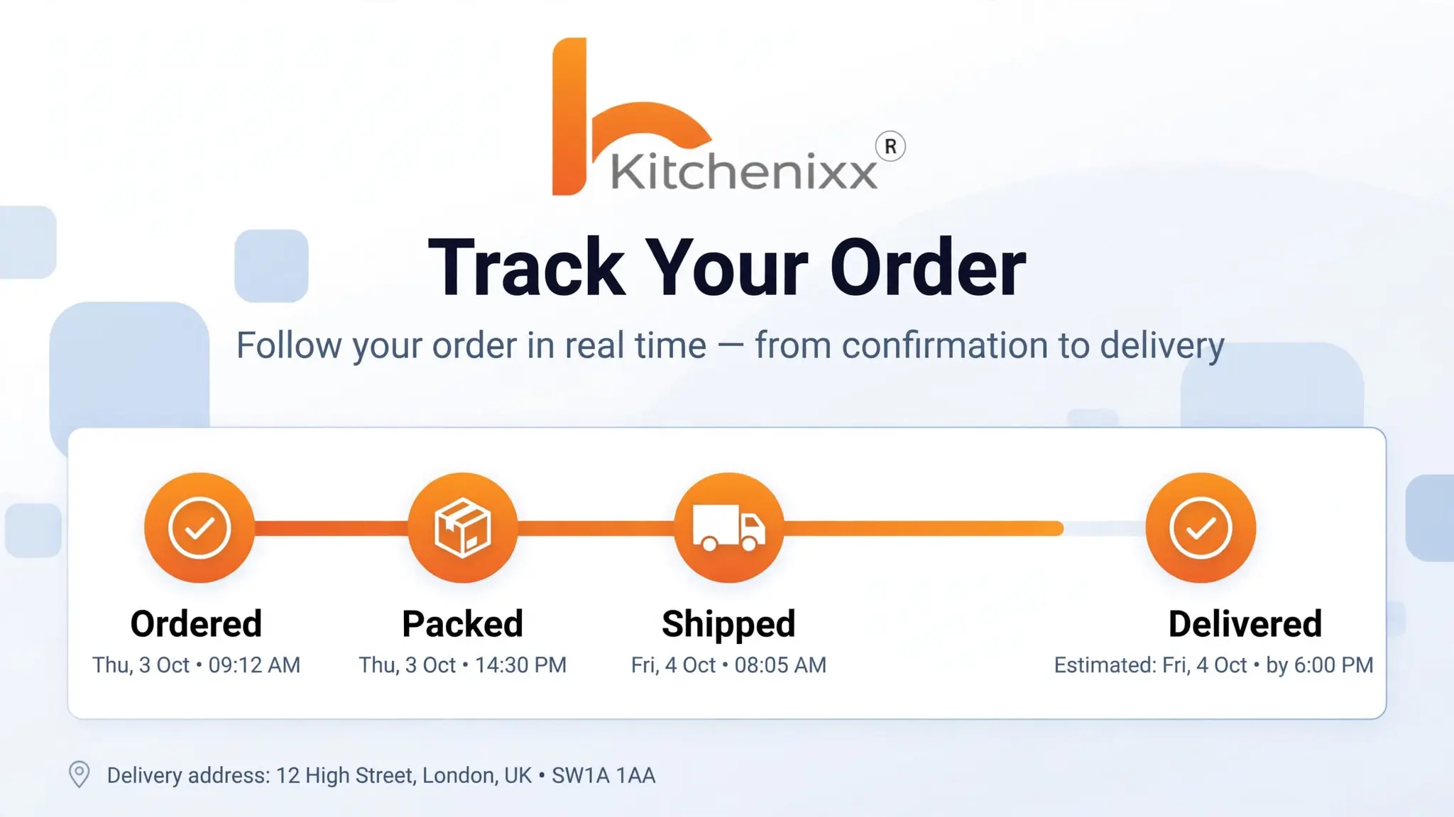 Track Your Order - Kitchenixx order tracking timeline showing 4 stages Ordered, Packed, Shipped, Delivered with estimated delivery time and UK delivery address