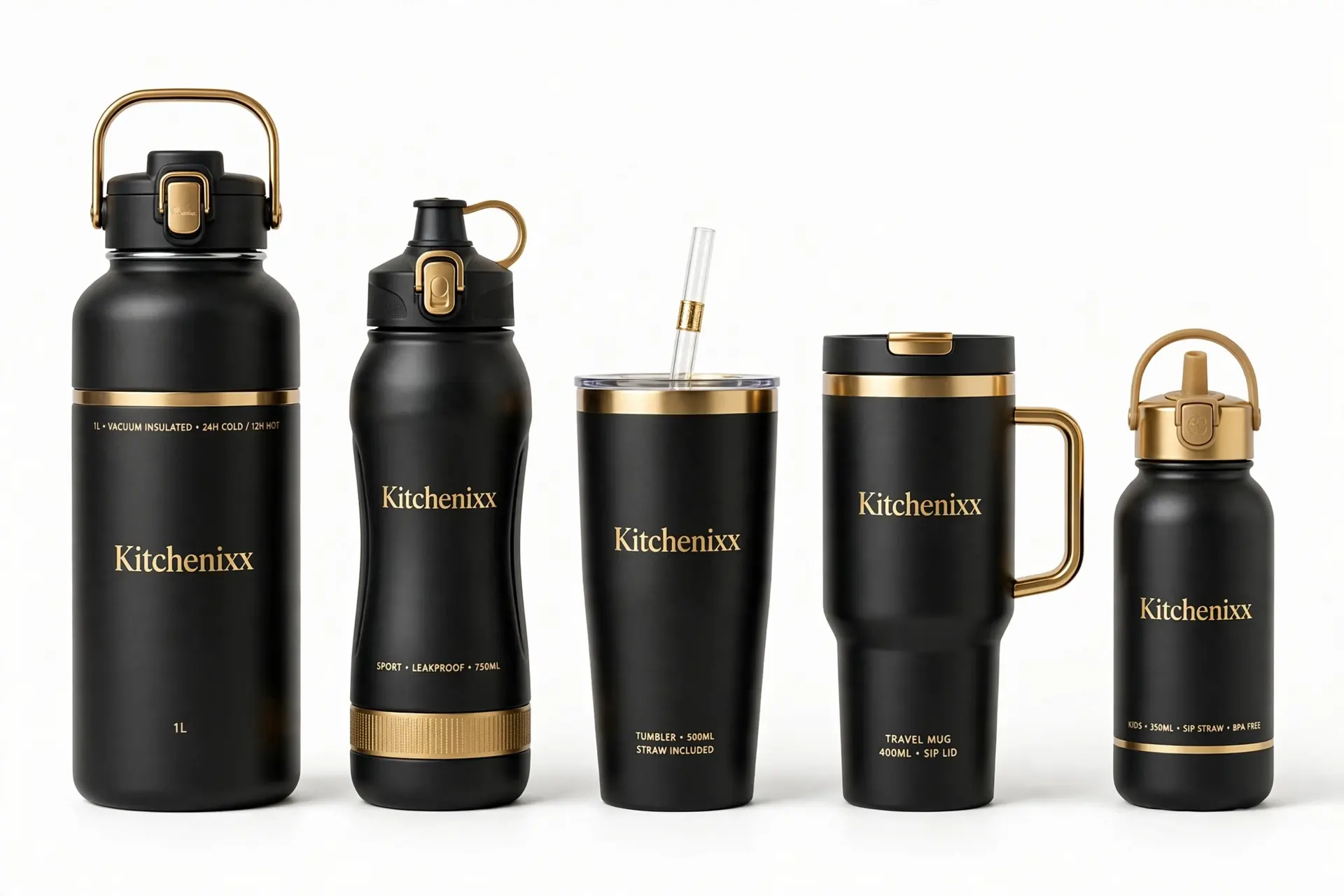 Kitchenixx Luxe Water Bottles and Insulated Cups Collection UK - Vacuum Insulated 1L Water Bottle 24H Cold, 750ml Sports Leakproof Bottle, 500ml Tumbler with Straw, 400ml Travel Mug Sip Lid and 350ml Kids Bottle BPA Free in Matte Black and Gold