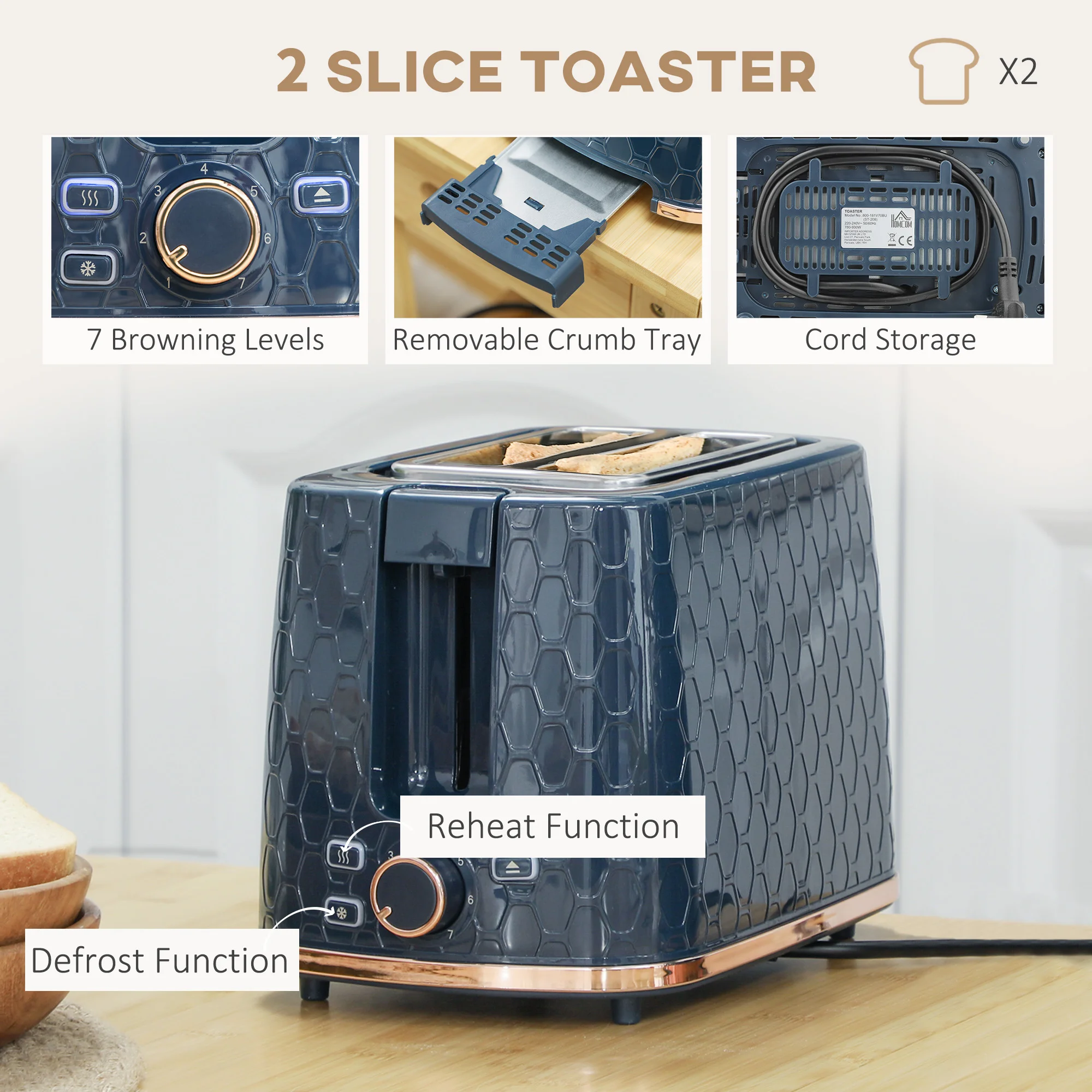 Fast-Boil Kettle and 2-Slice Toaster Set | Premium Honeycomb Blue Breakfast Pack - Image 5