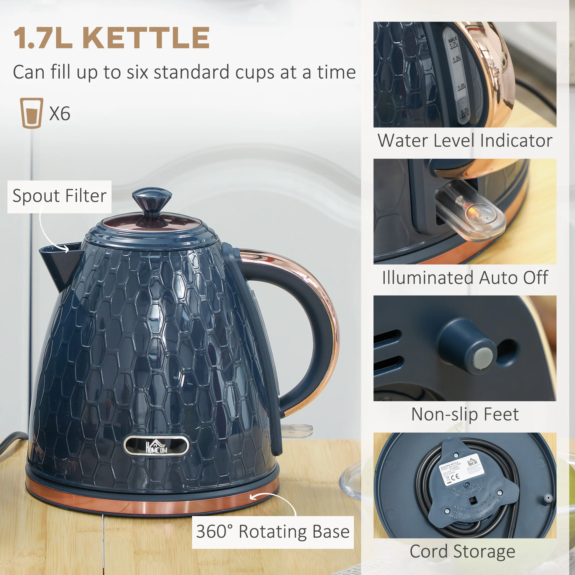 Fast-Boil Kettle and 2-Slice Toaster Set | Premium Honeycomb Blue Breakfast Pack - Image 3